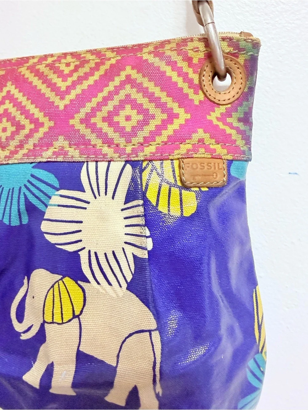 Fossil Blue Elephant Print Crossbody Bag with Pink Pattern Trim